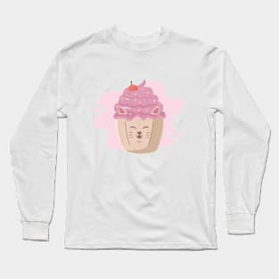 Kawaii pink cat in cupcake Long Sleeve T-Shirt